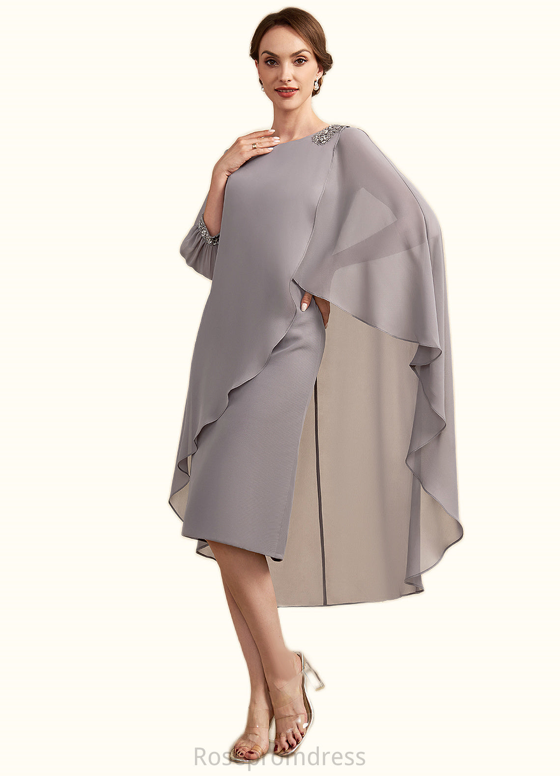 Kaylin Sheath/Column Scoop Neck Knee-Length Chiffon Mother of the Bride Dress With Beading SRS126P0014688