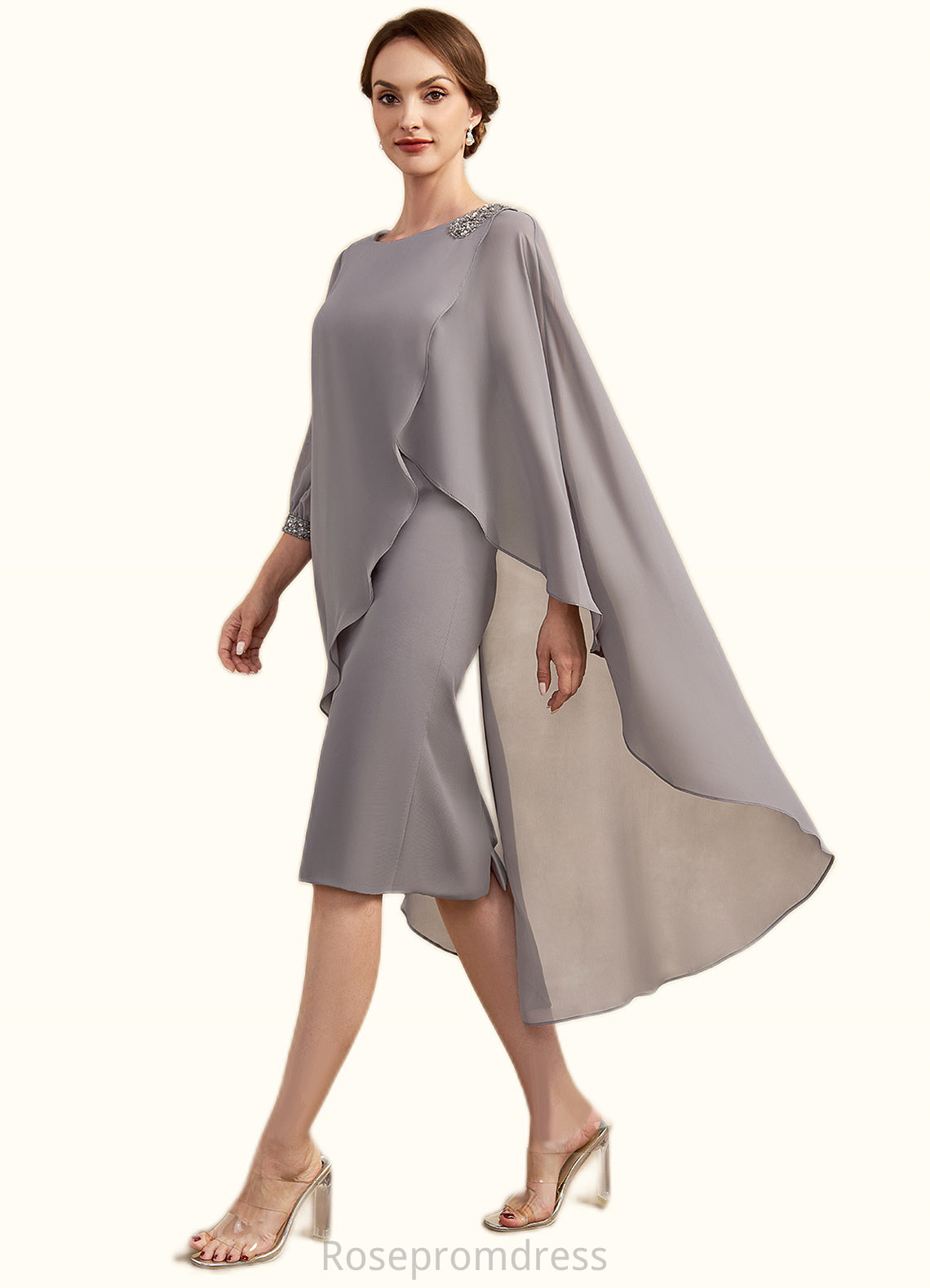 Kaylin Sheath/Column Scoop Neck Knee-Length Chiffon Mother of the Bride Dress With Beading SRS126P0014688