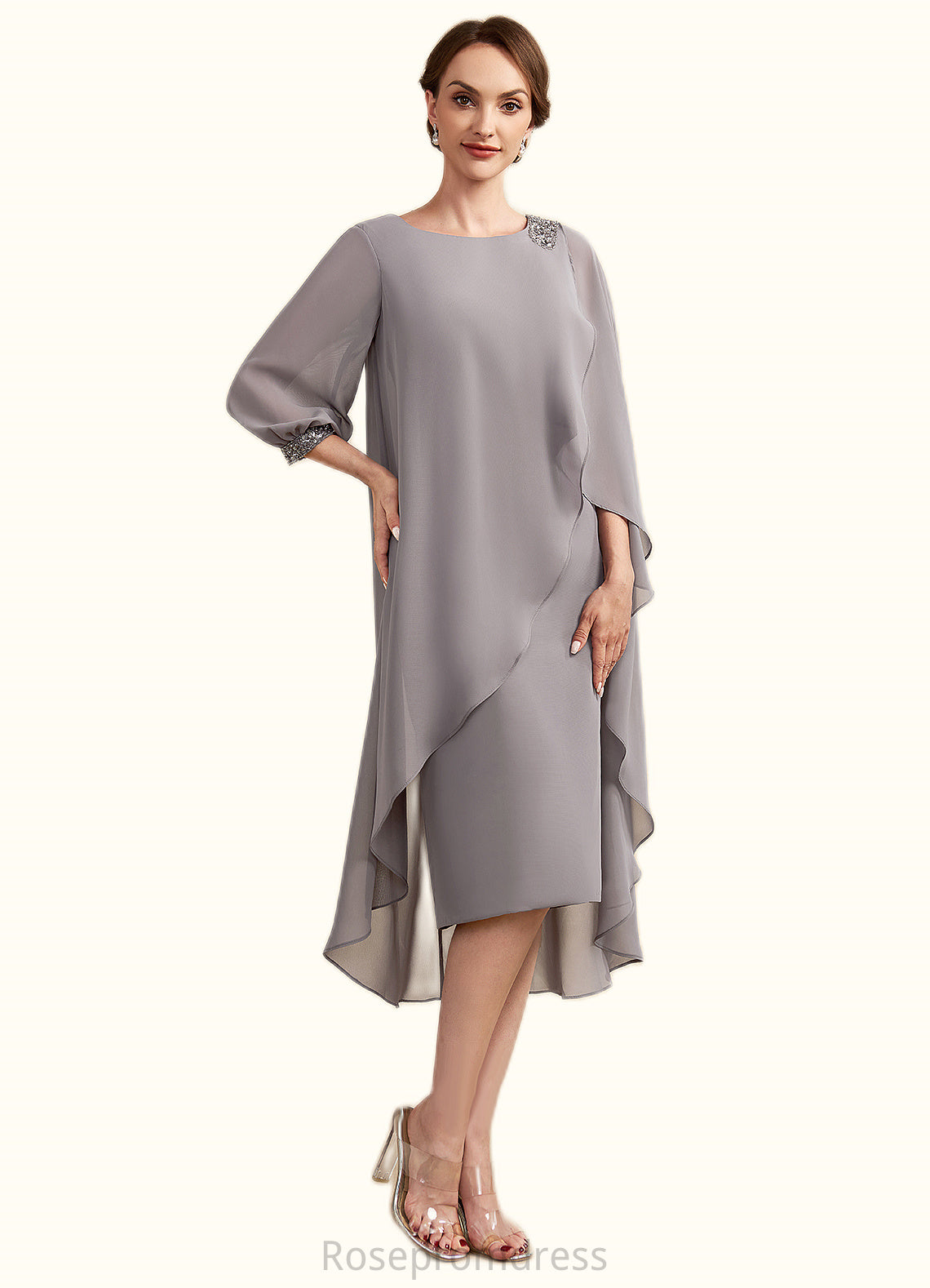 Kaylin Sheath/Column Scoop Neck Knee-Length Chiffon Mother of the Bride Dress With Beading SRS126P0014688