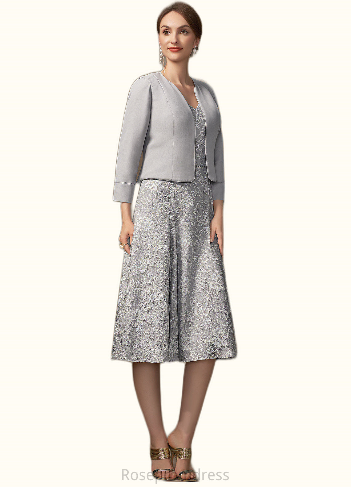 Scarlett A-Line V-neck Knee-Length Lace Mother of the Bride Dress With Beading Sequins SRS126P0014689