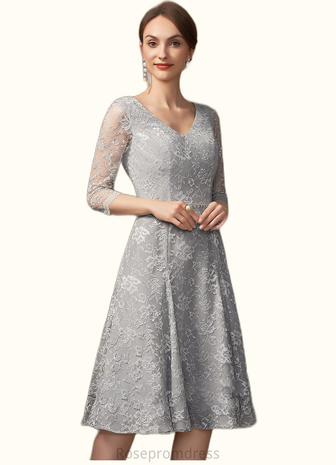 Scarlett A-Line V-neck Knee-Length Lace Mother of the Bride Dress With Beading Sequins SRS126P0014689