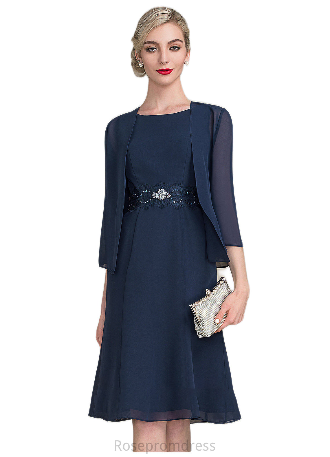 Gabriella A-Line Scoop Neck Knee-Length Chiffon Mother of the Bride Dress With Ruffle Lace Beading Sequins SRS126P0014690