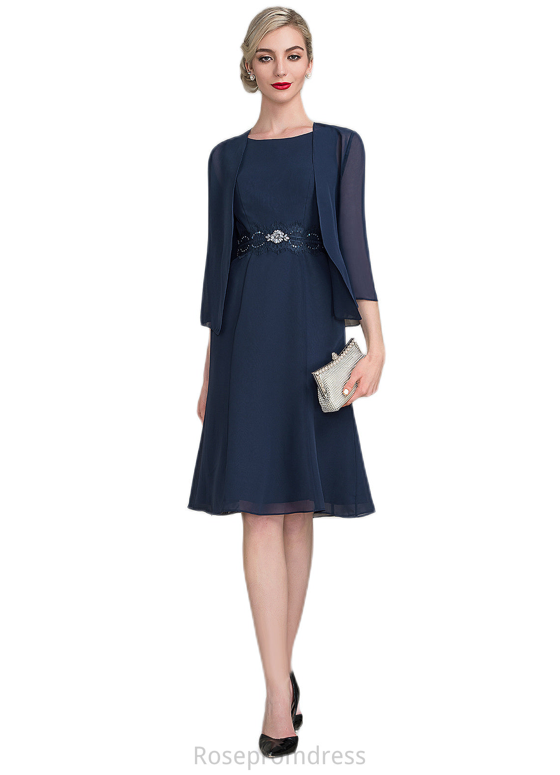 Gabriella A-Line Scoop Neck Knee-Length Chiffon Mother of the Bride Dress With Ruffle Lace Beading Sequins SRS126P0014690