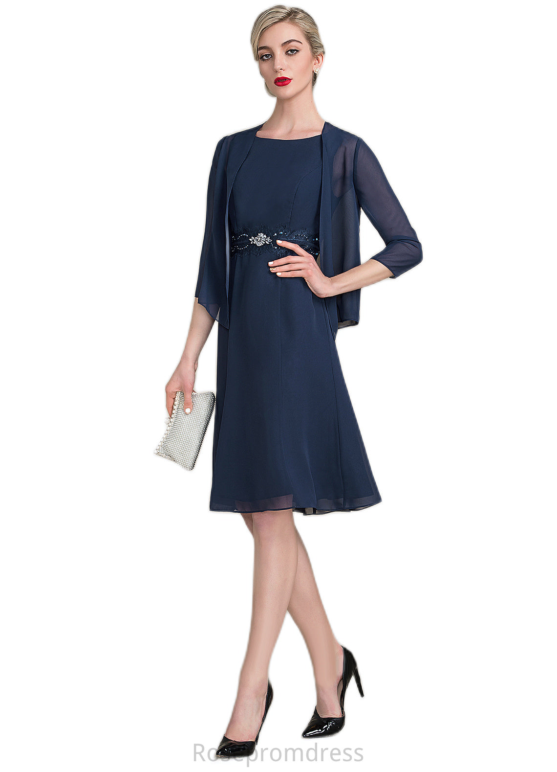 Gabriella A-Line Scoop Neck Knee-Length Chiffon Mother of the Bride Dress With Ruffle Lace Beading Sequins SRS126P0014690