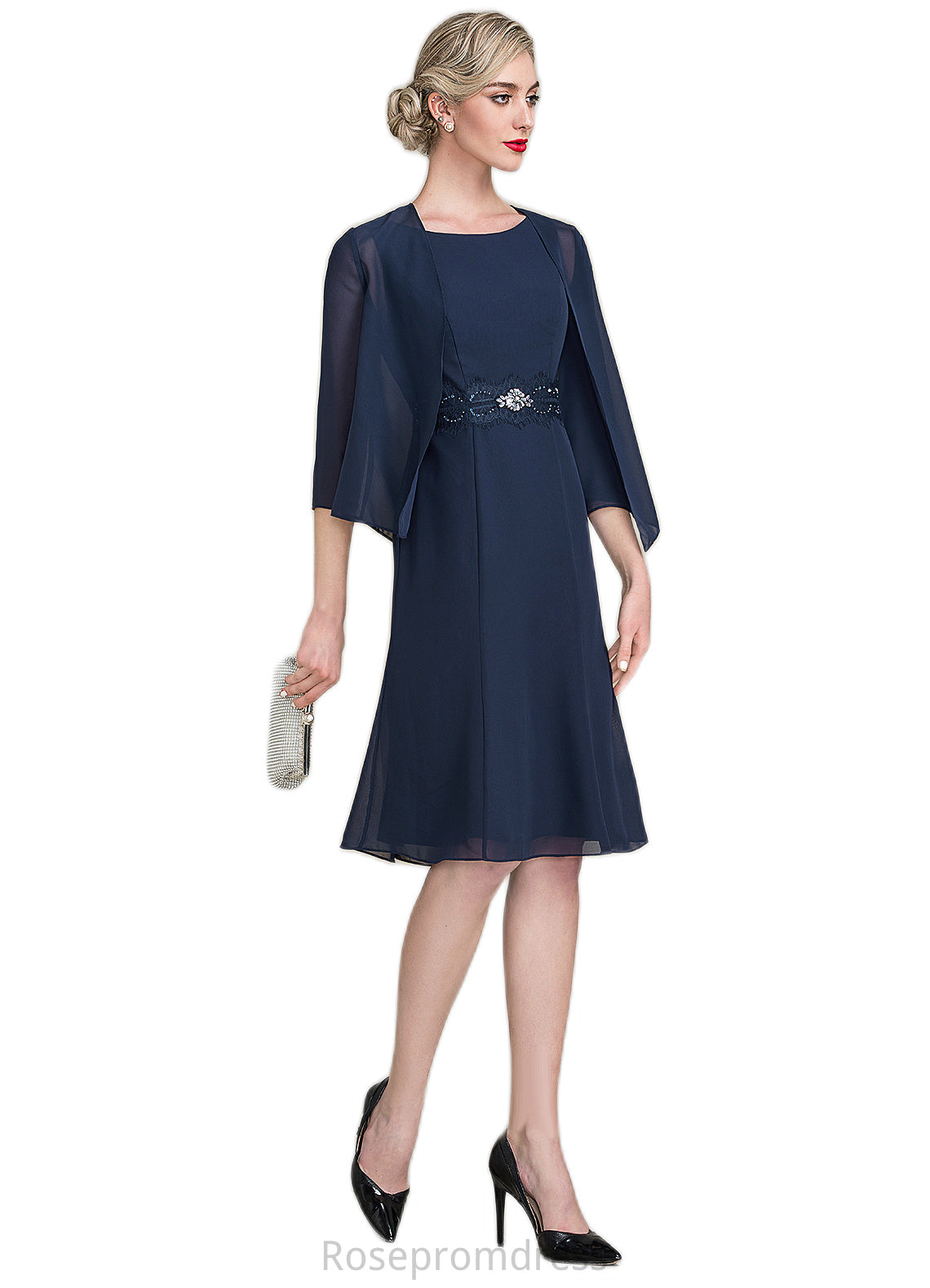 Gabriella A-Line Scoop Neck Knee-Length Chiffon Mother of the Bride Dress With Ruffle Lace Beading Sequins SRS126P0014690