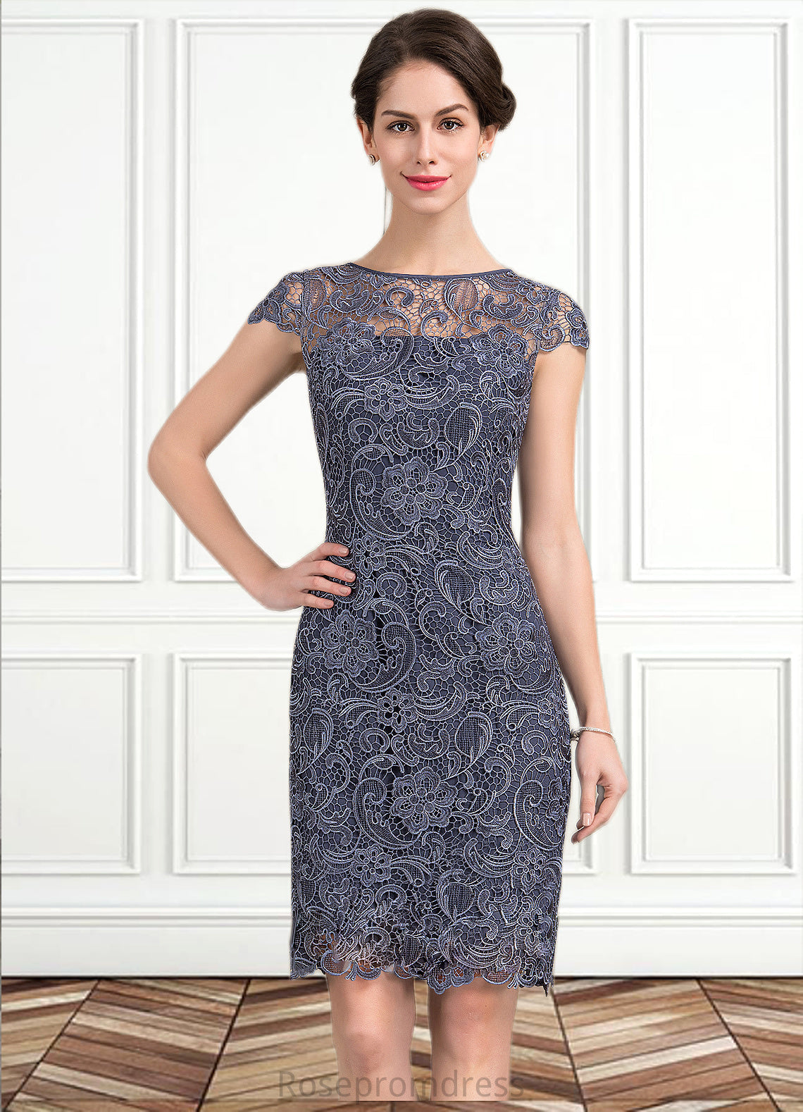 Helen Sheath/Column Scoop Neck Knee-Length Lace Mother of the Bride Dress SRS126P0014691