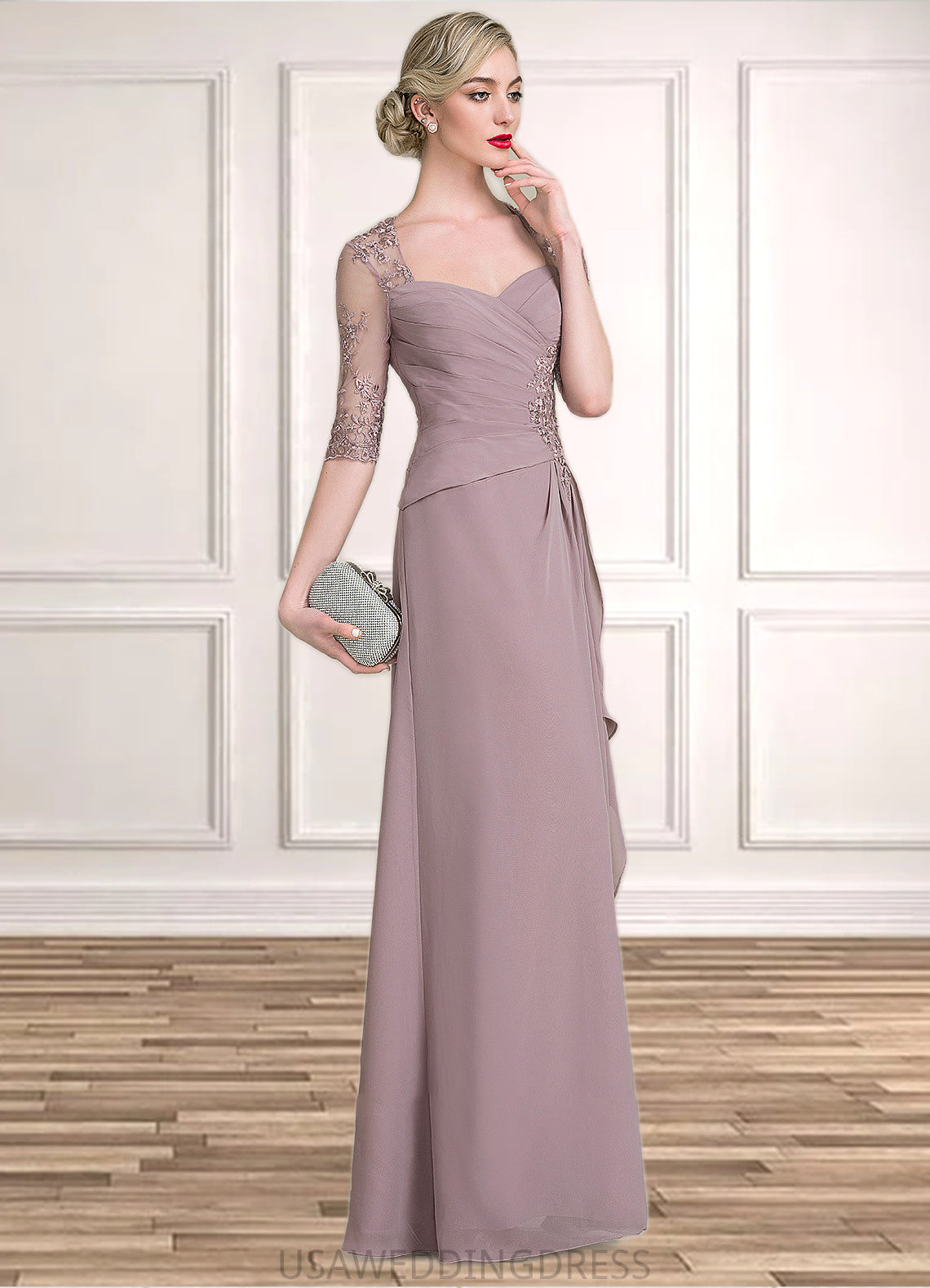 Sidney A-Line Sweetheart Floor-Length Chiffon Lace Mother of the Bride Dress With Beading Sequins Cascading Ruffles DS126P0014692