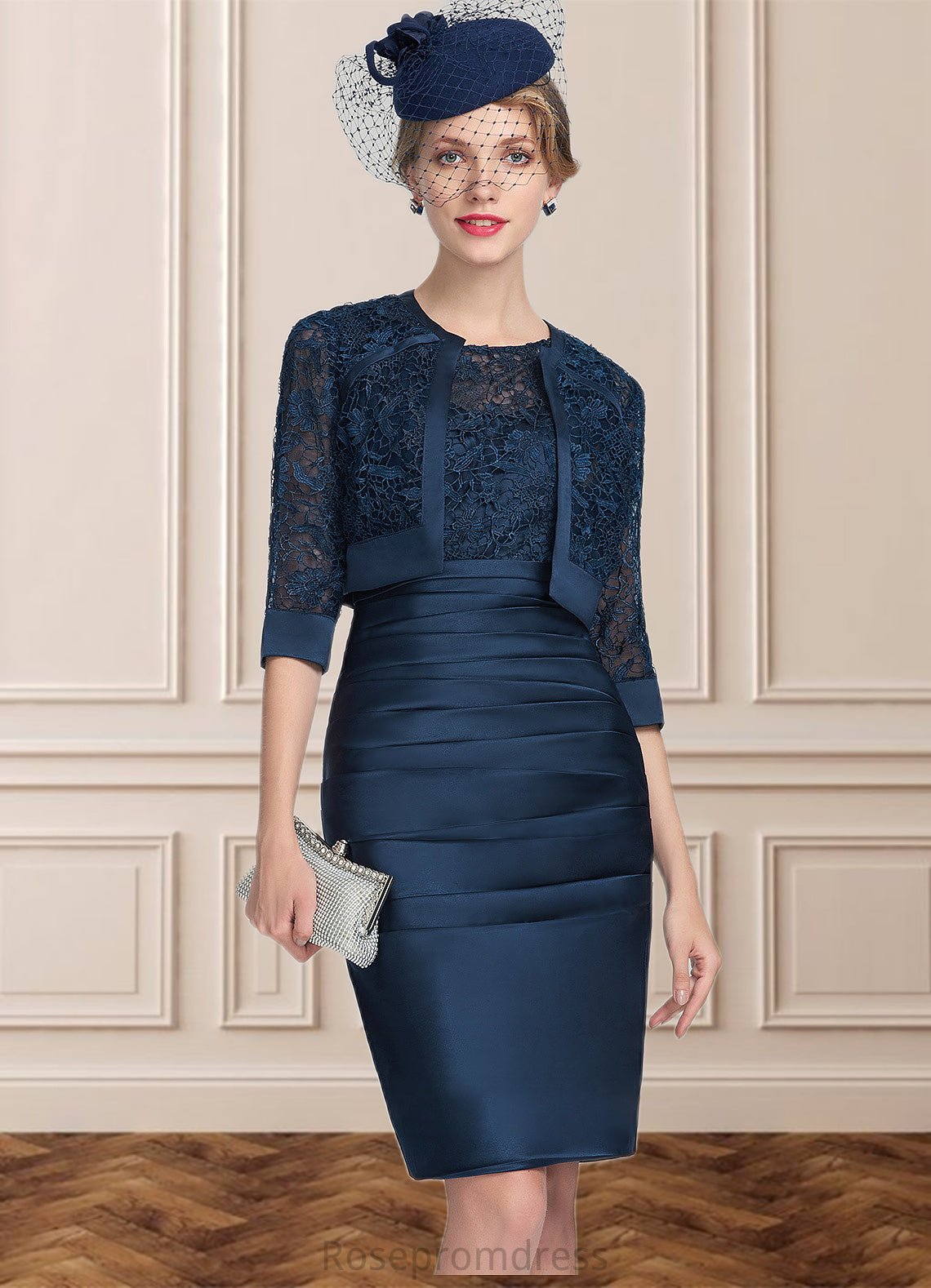 Caroline Sheath/Column Scoop Neck Knee-Length Satin Lace Mother of the Bride Dress With Ruffle SRS126P0014693