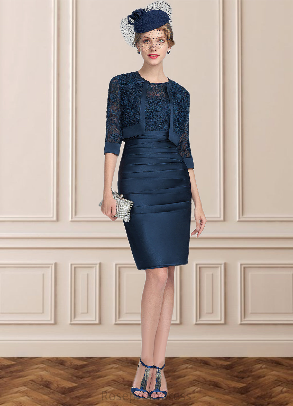 Caroline Sheath/Column Scoop Neck Knee-Length Satin Lace Mother of the Bride Dress With Ruffle SRS126P0014693