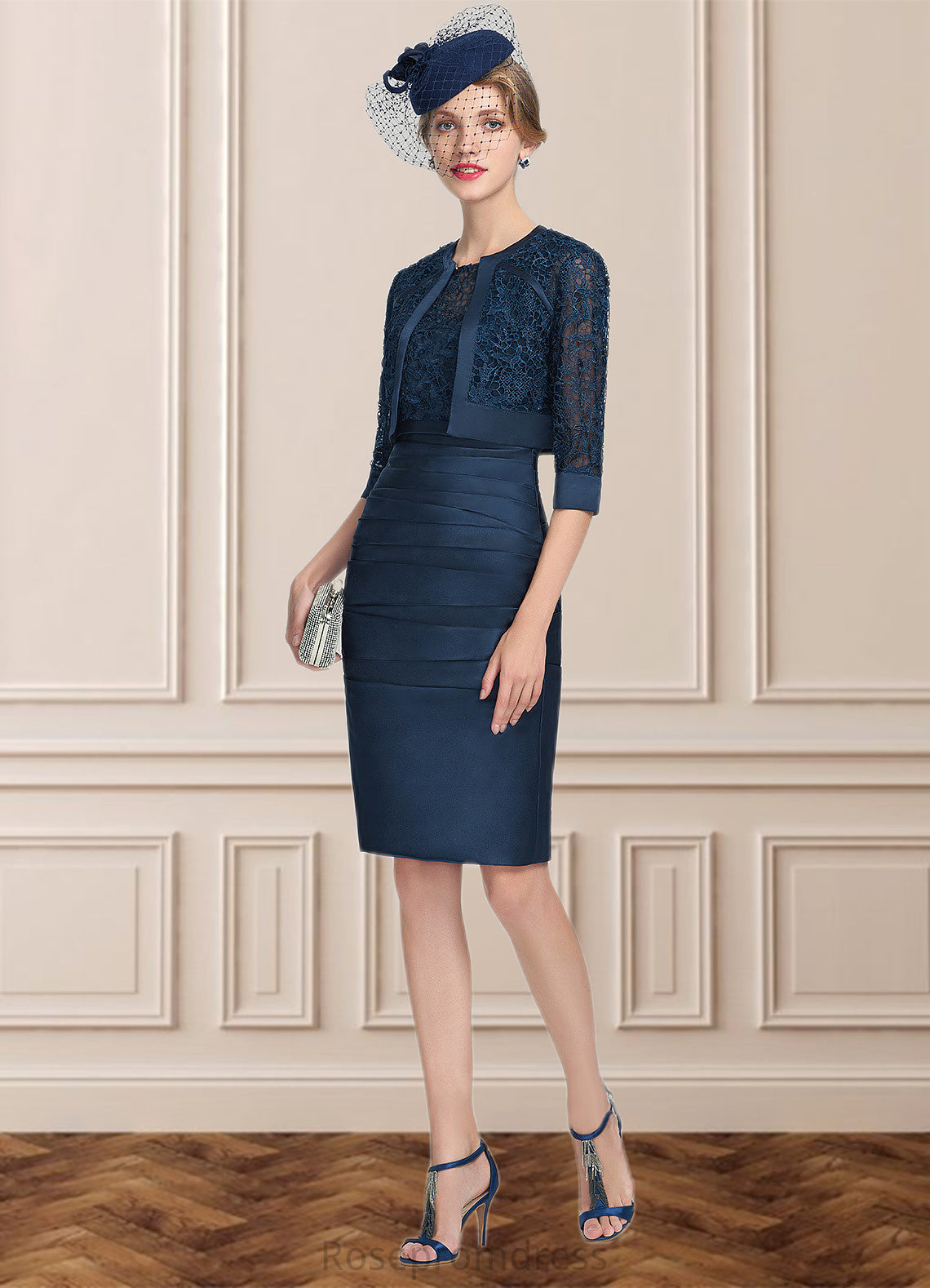 Caroline Sheath/Column Scoop Neck Knee-Length Satin Lace Mother of the Bride Dress With Ruffle SRS126P0014693