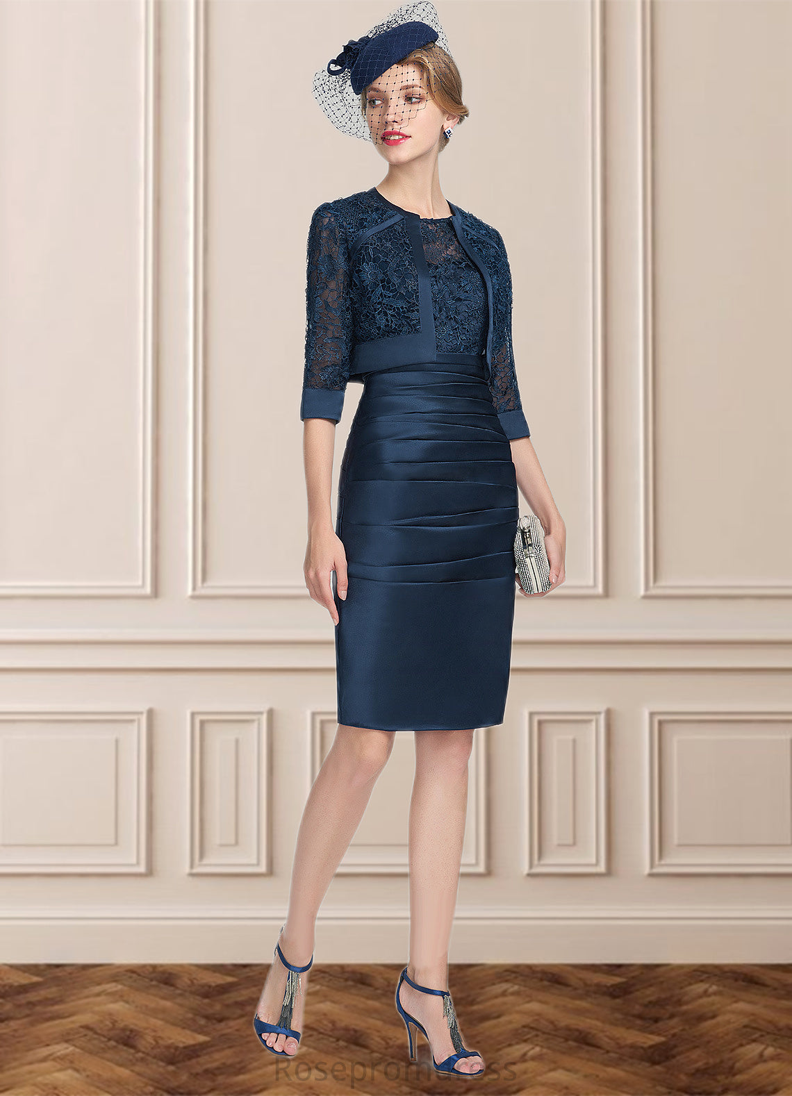 Caroline Sheath/Column Scoop Neck Knee-Length Satin Lace Mother of the Bride Dress With Ruffle SRS126P0014693