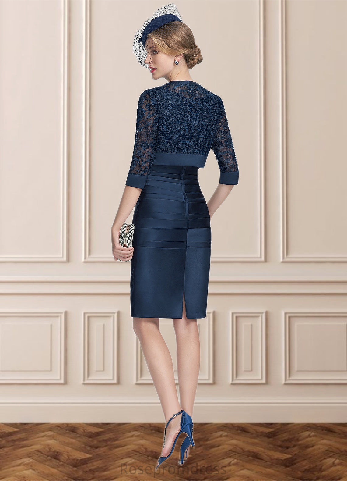 Caroline Sheath/Column Scoop Neck Knee-Length Satin Lace Mother of the Bride Dress With Ruffle SRS126P0014693