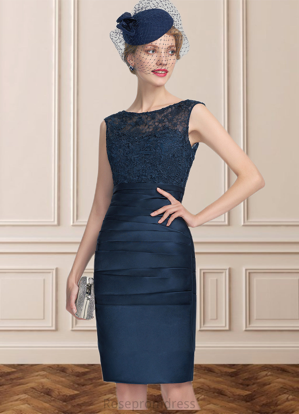 Caroline Sheath/Column Scoop Neck Knee-Length Satin Lace Mother of the Bride Dress With Ruffle SRS126P0014693