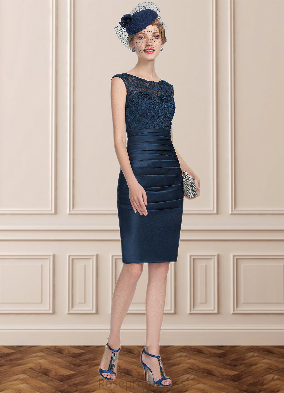 Caroline Sheath/Column Scoop Neck Knee-Length Satin Lace Mother of the Bride Dress With Ruffle SRS126P0014693