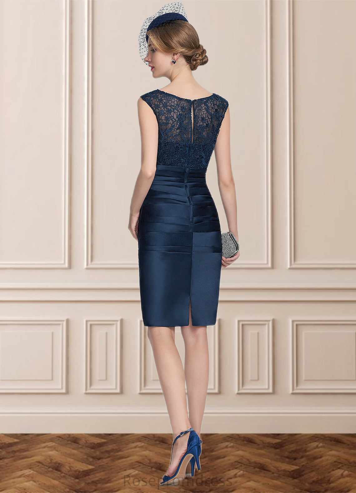 Caroline Sheath/Column Scoop Neck Knee-Length Satin Lace Mother of the Bride Dress With Ruffle SRS126P0014693