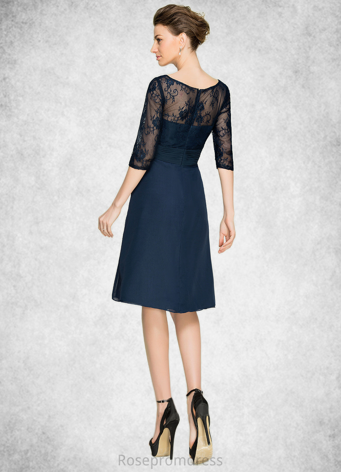 Chasity A-Line V-neck Knee-Length Chiffon Lace Mother of the Bride Dress With Cascading Ruffles SRS126P0014695