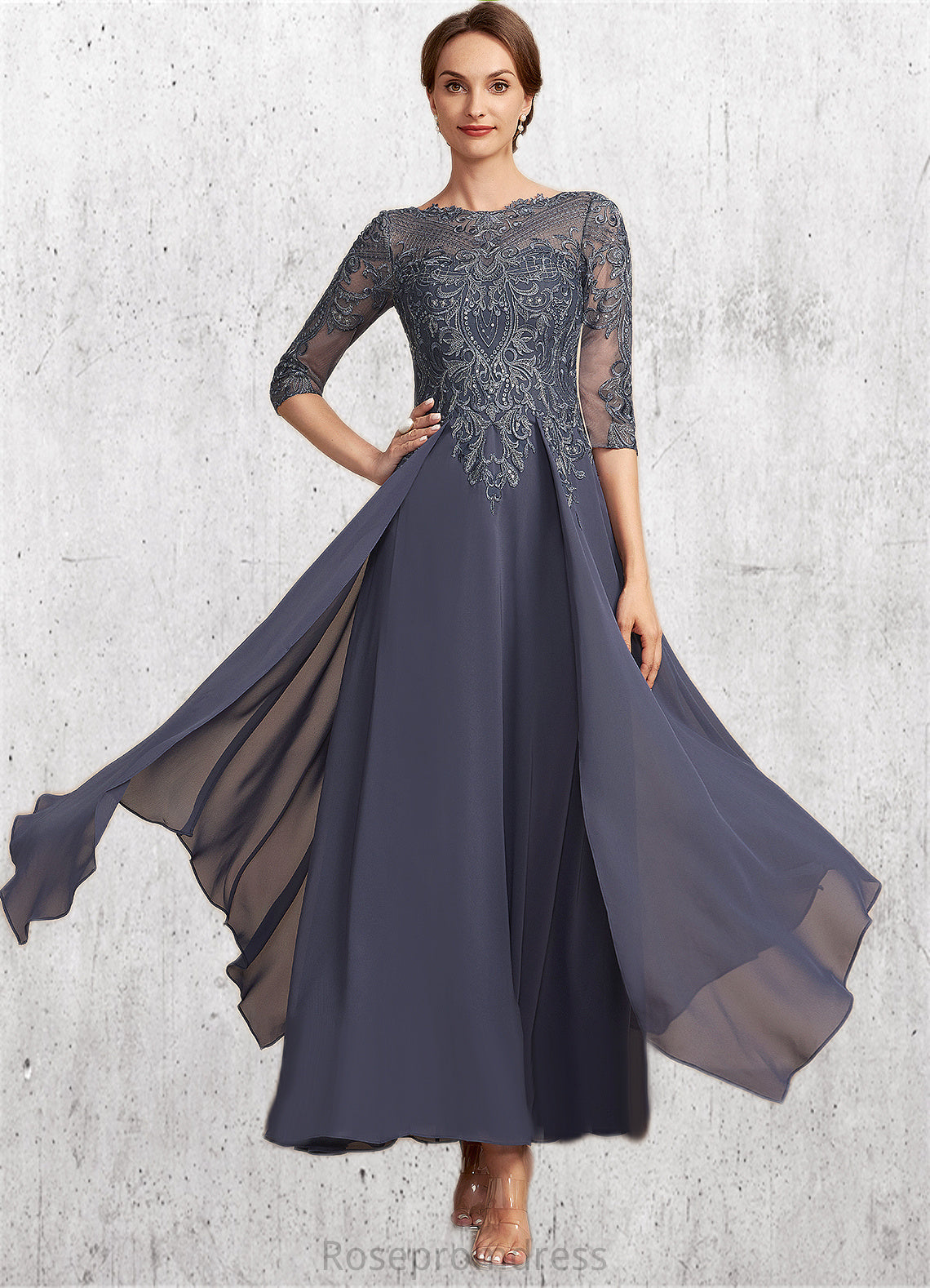 Jaylene A-Line Scoop Neck Ankle-Length Chiffon Lace Mother of the Bride Dress With Cascading Ruffles SRS126P0014698