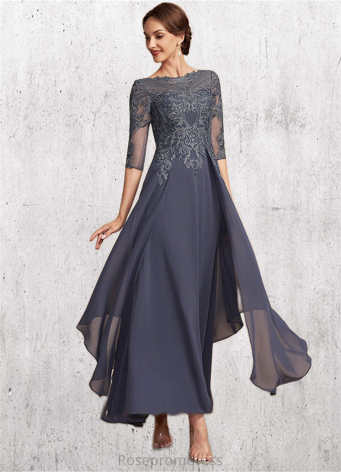 Jaylene A-Line Scoop Neck Ankle-Length Chiffon Lace Mother of the Bride Dress With Cascading Ruffles SRS126P0014698