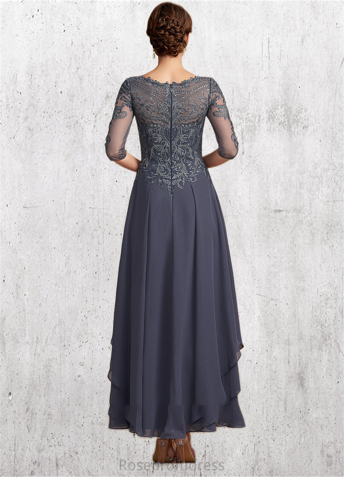 Jaylene A-Line Scoop Neck Ankle-Length Chiffon Lace Mother of the Bride Dress With Cascading Ruffles SRS126P0014698