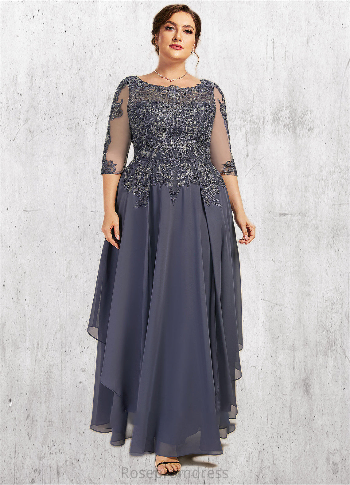 Jaylene A-Line Scoop Neck Ankle-Length Chiffon Lace Mother of the Bride Dress With Cascading Ruffles SRS126P0014698