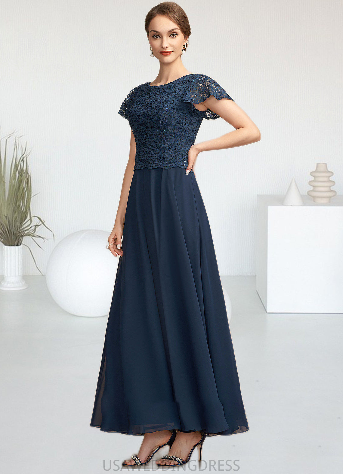 Lucy A-Line Scoop Neck Ankle-Length Chiffon Lace Mother of the Bride Dress With Sequins DS126P0014701