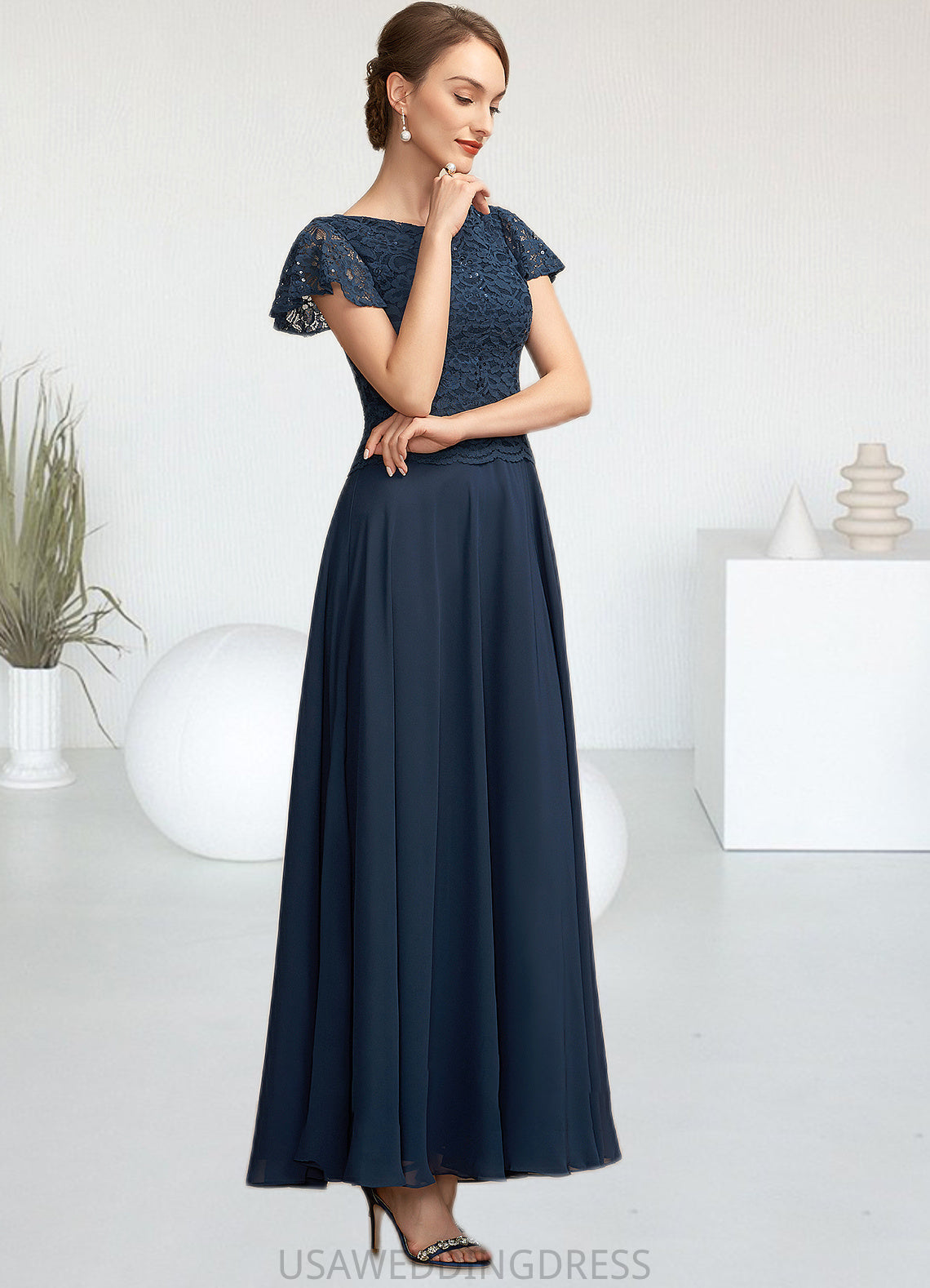 Lucy A-Line Scoop Neck Ankle-Length Chiffon Lace Mother of the Bride Dress With Sequins DS126P0014701