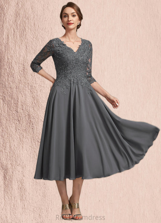 Jaylene A-line V-Neck Tea-Length Chiffon Lace Mother of the Bride Dress With Beading Sequins SRS126P0014702