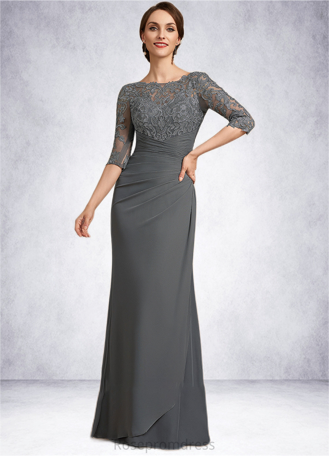 Cailyn Sheath/Column Scoop Neck Floor-Length Chiffon Lace Mother of the Bride Dress With Ruffle SRS126P0014703