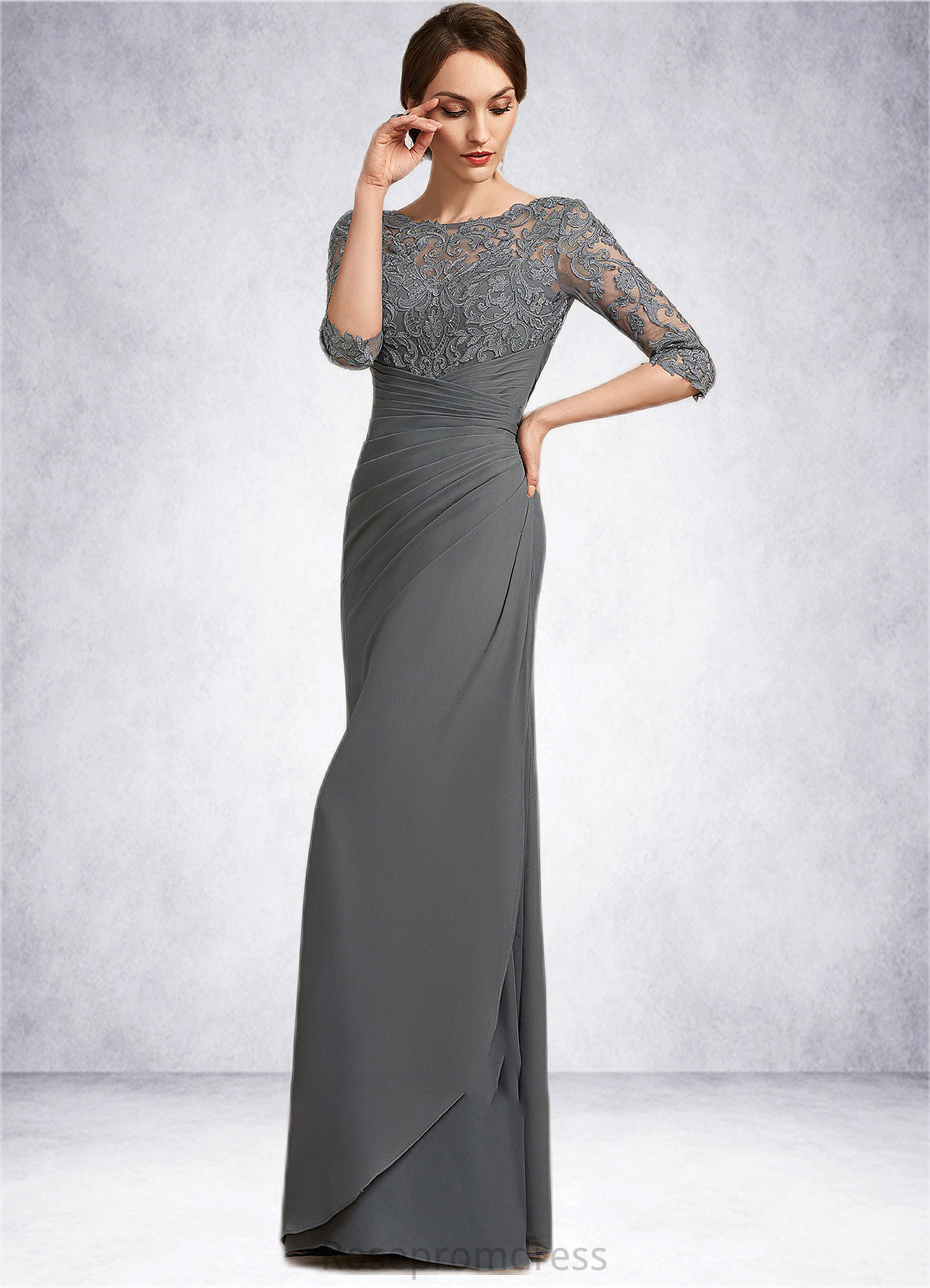 Cailyn Sheath/Column Scoop Neck Floor-Length Chiffon Lace Mother of the Bride Dress With Ruffle SRS126P0014703