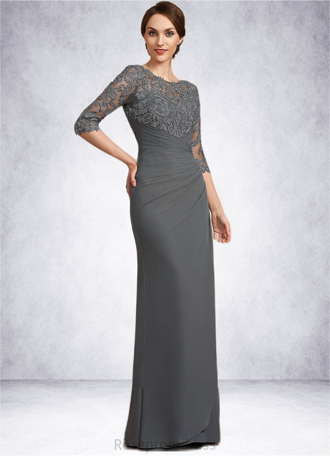 Cailyn Sheath/Column Scoop Neck Floor-Length Chiffon Lace Mother of the Bride Dress With Ruffle SRS126P0014703