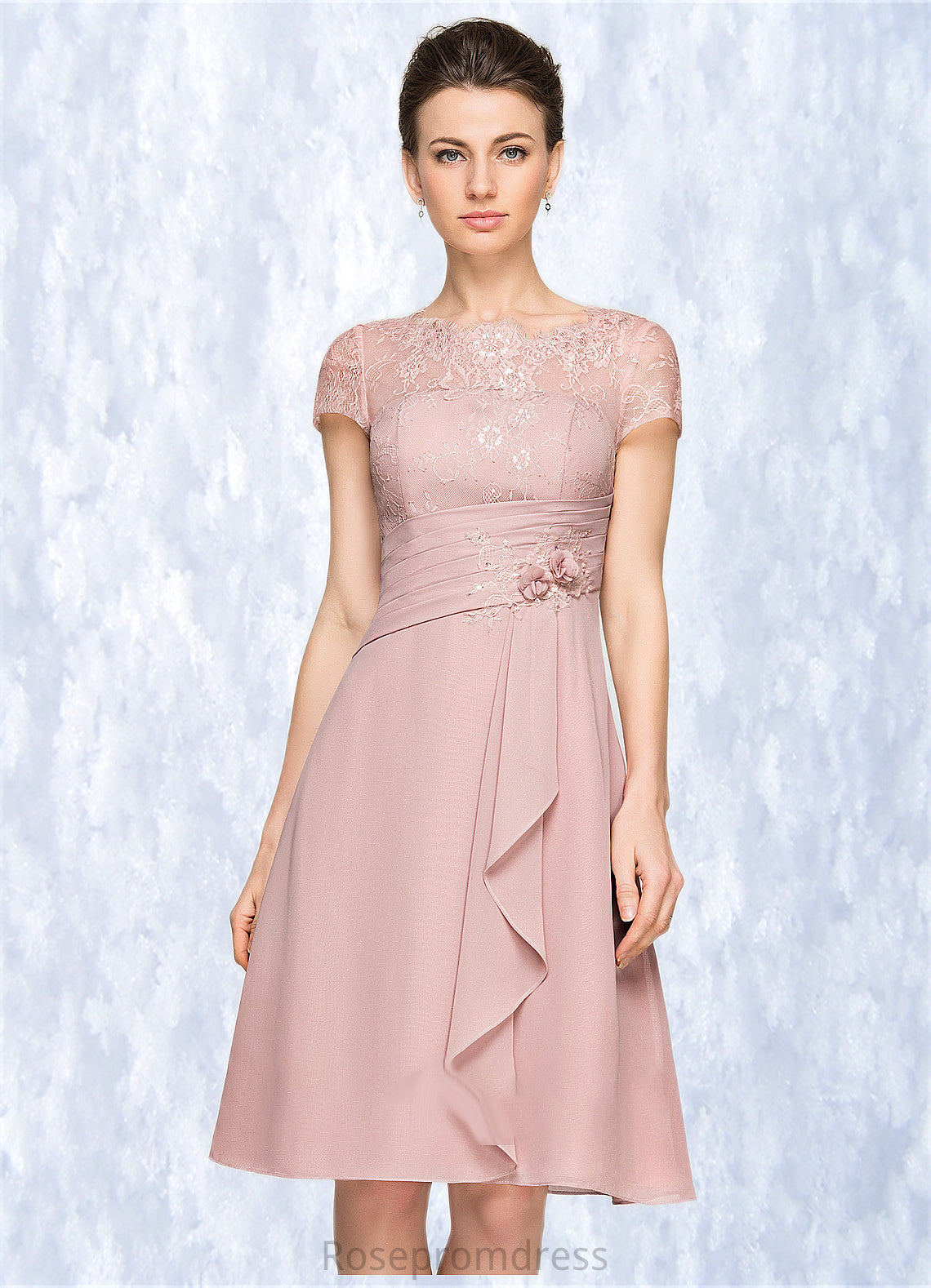 Beryl A-Line Scoop Neck Knee-Length Chiffon Lace Mother of the Bride Dress With Beading Flower(s) Sequins Cascading Ruffles SRS126P0014704