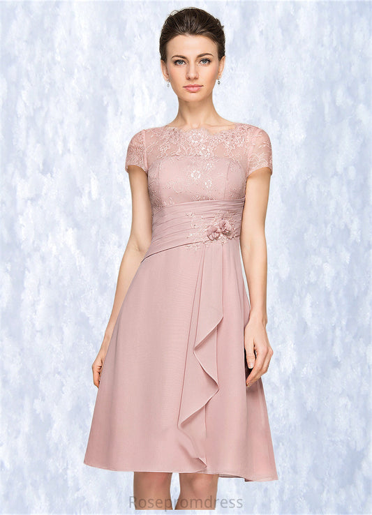 Beryl A-Line Scoop Neck Knee-Length Chiffon Lace Mother of the Bride Dress With Beading Flower(s) Sequins Cascading Ruffles SRS126P0014704