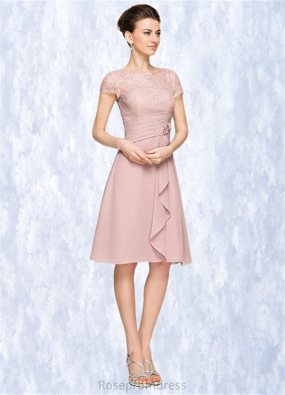 Beryl A-Line Scoop Neck Knee-Length Chiffon Lace Mother of the Bride Dress With Beading Flower(s) Sequins Cascading Ruffles SRS126P0014704
