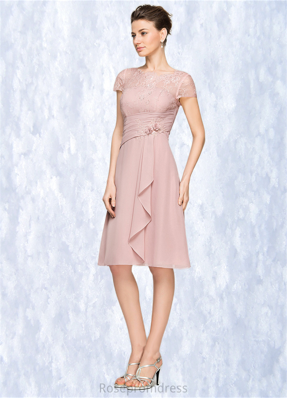 Beryl A-Line Scoop Neck Knee-Length Chiffon Lace Mother of the Bride Dress With Beading Flower(s) Sequins Cascading Ruffles SRS126P0014704