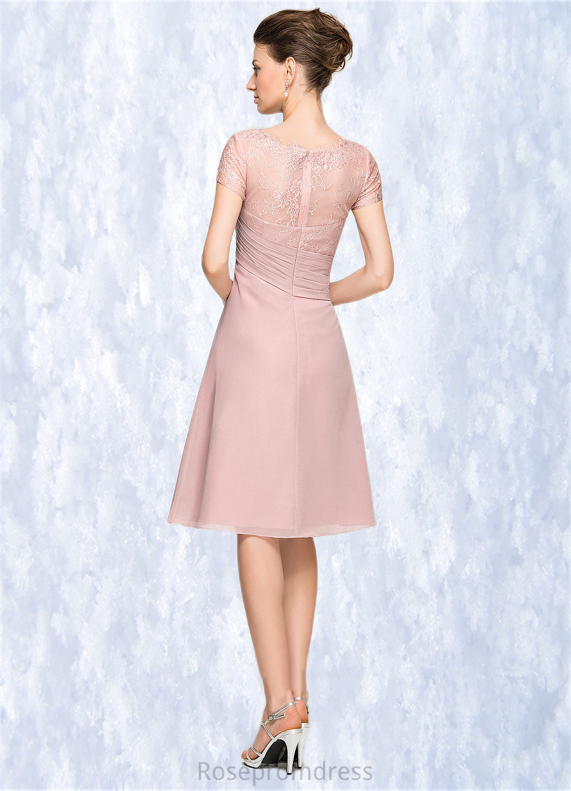 Beryl A-Line Scoop Neck Knee-Length Chiffon Lace Mother of the Bride Dress With Beading Flower(s) Sequins Cascading Ruffles SRS126P0014704