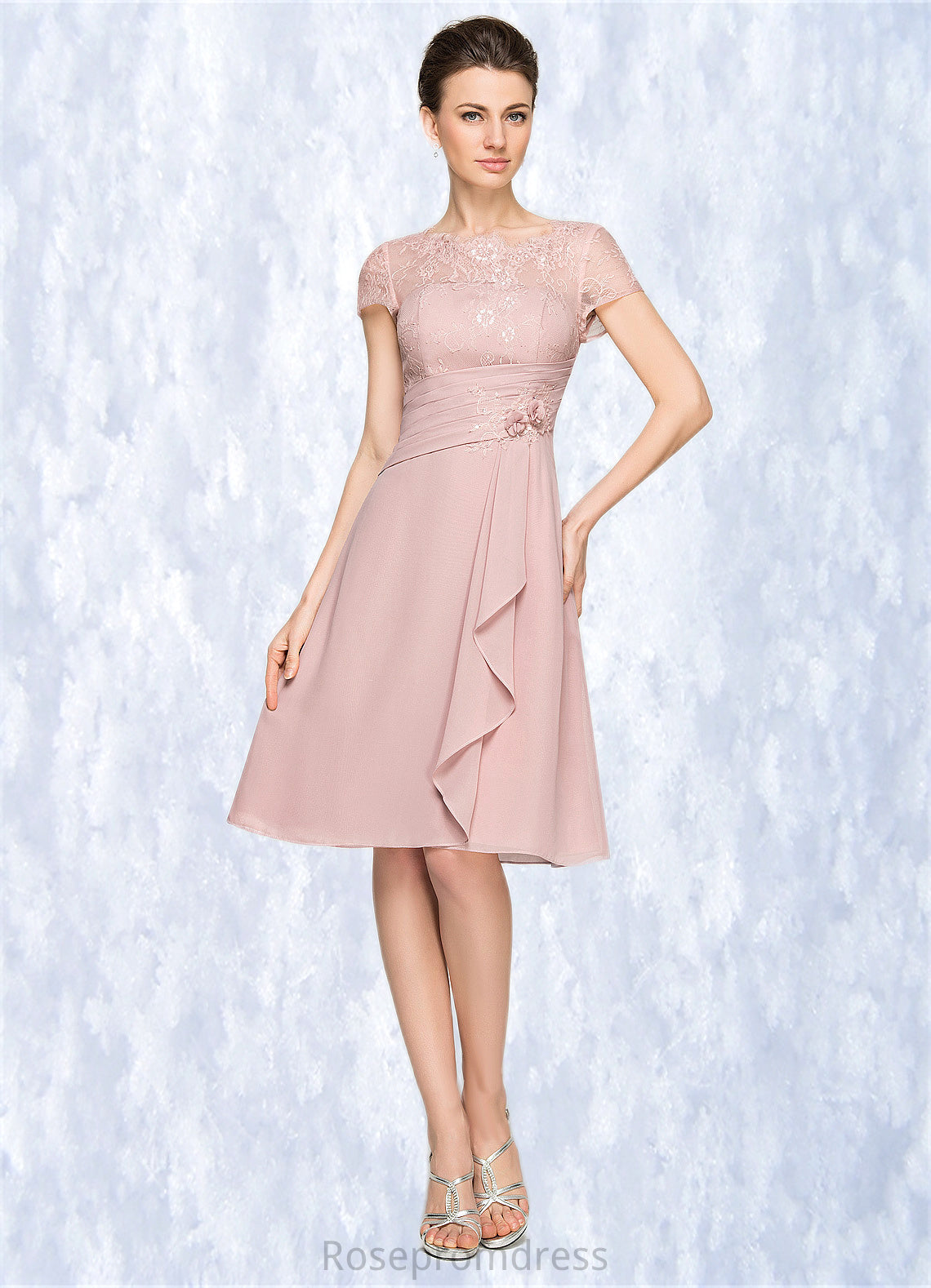 Beryl A-Line Scoop Neck Knee-Length Chiffon Lace Mother of the Bride Dress With Beading Flower(s) Sequins Cascading Ruffles SRS126P0014704