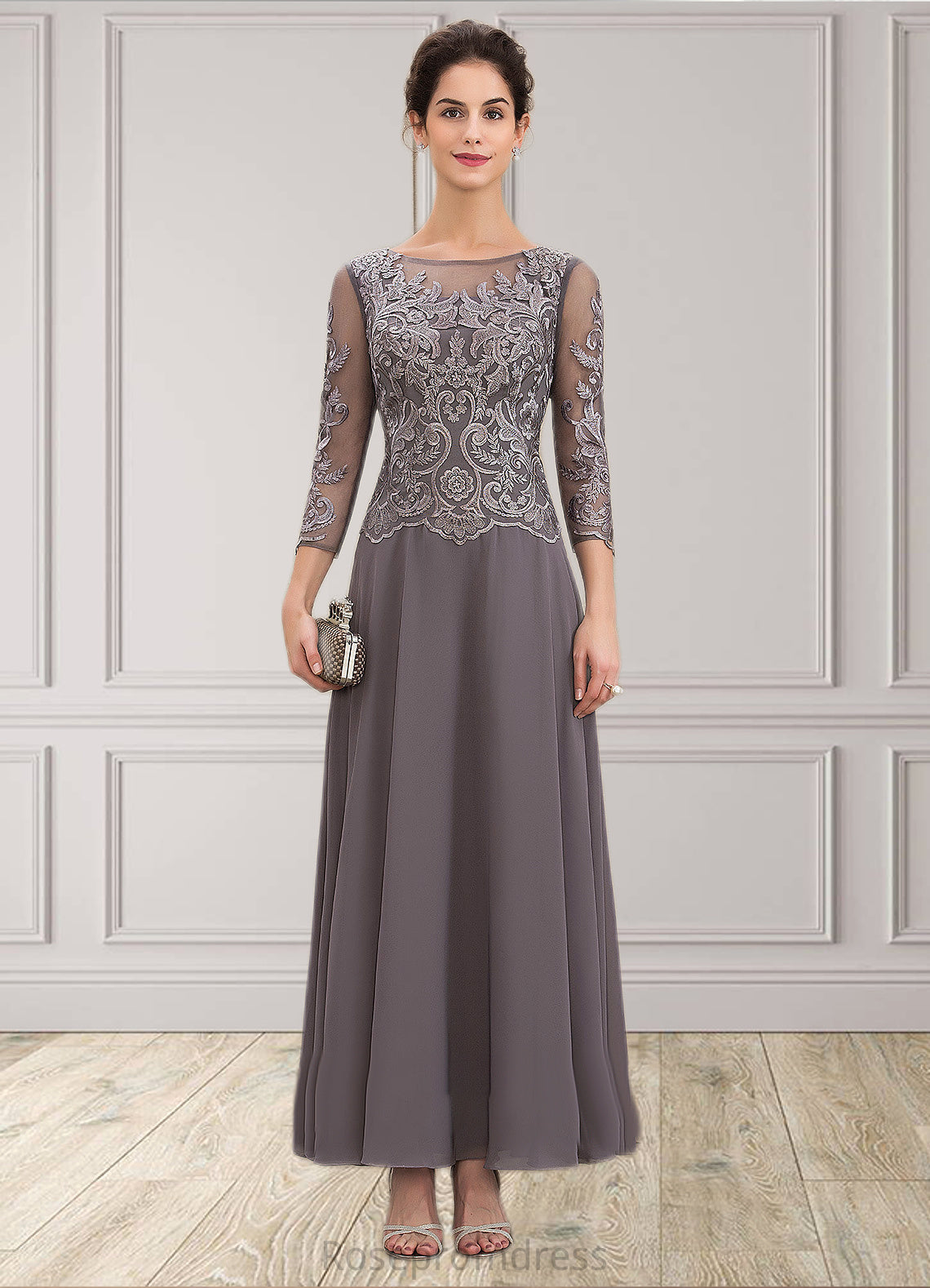 Shelby A-Line Scoop Neck Ankle-Length Chiffon Lace Mother of the Bride Dress SRS126P0014706