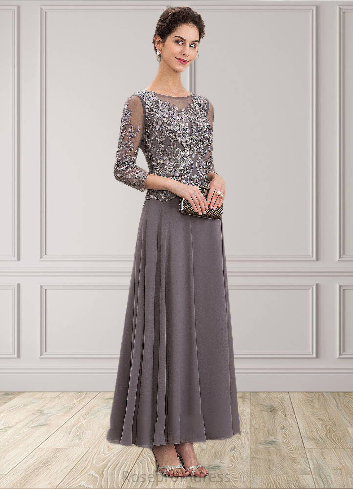 Shelby A-Line Scoop Neck Ankle-Length Chiffon Lace Mother of the Bride Dress SRS126P0014706
