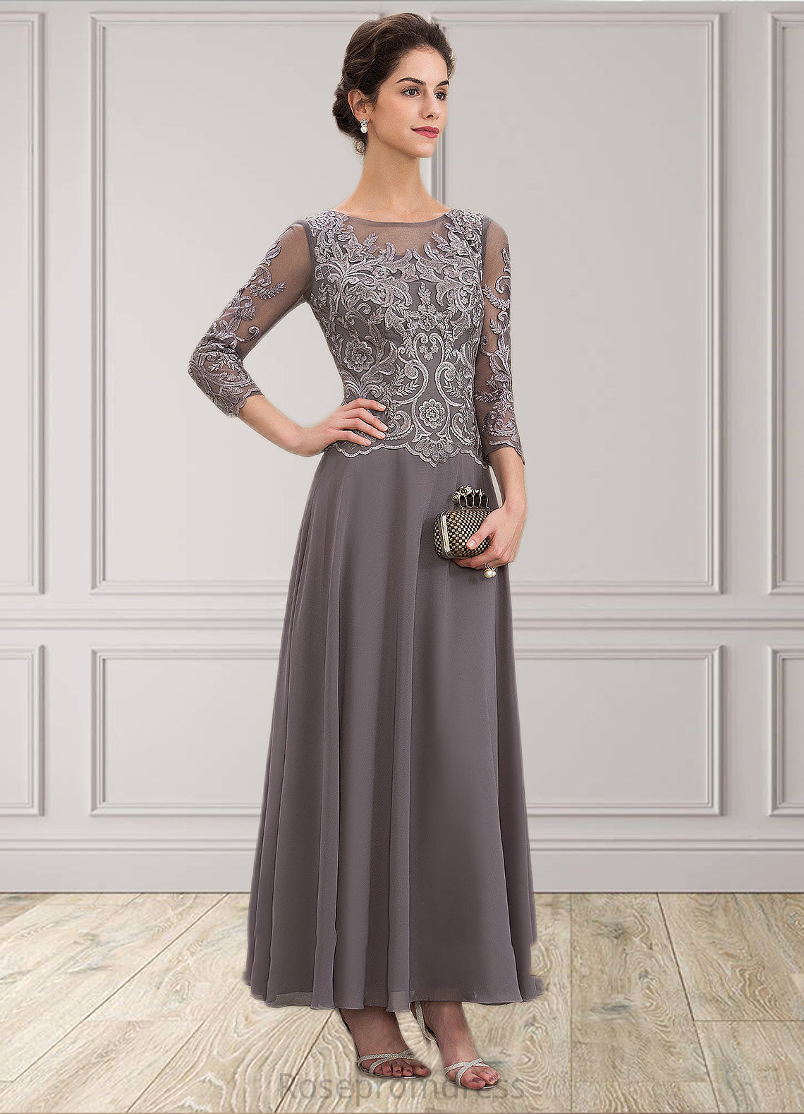 Shelby A-Line Scoop Neck Ankle-Length Chiffon Lace Mother of the Bride Dress SRS126P0014706