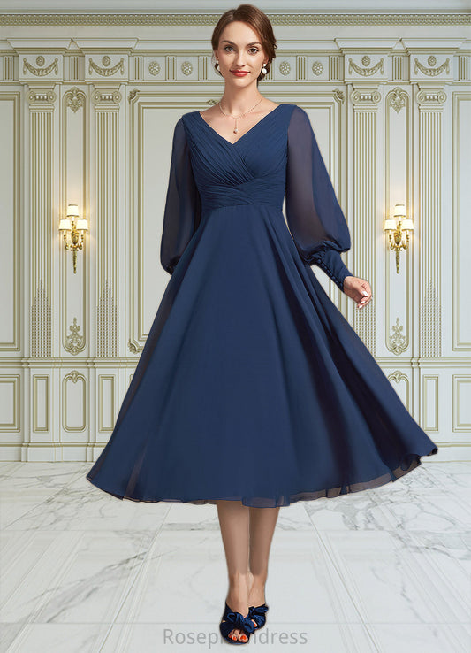 Frances A-Line V-neck Tea-Length Chiffon Mother of the Bride Dress With Ruffle SRS126P0014707