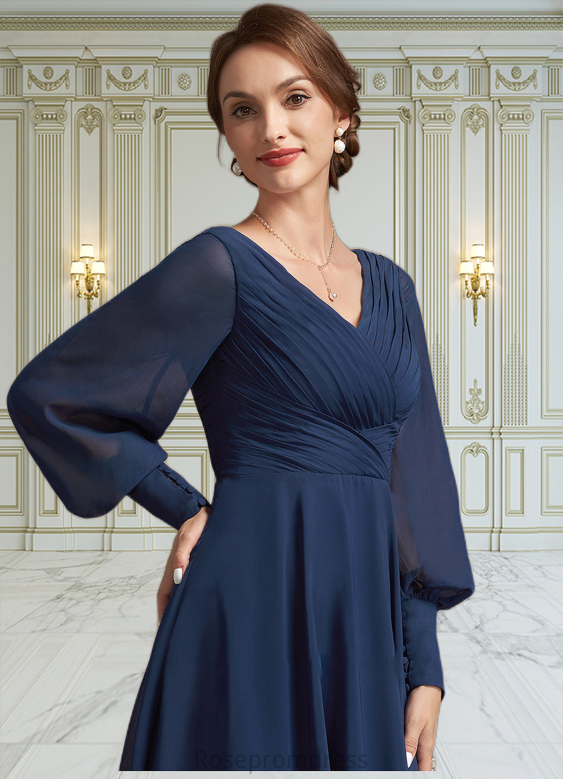 Frances A-Line V-neck Tea-Length Chiffon Mother of the Bride Dress With Ruffle SRS126P0014707