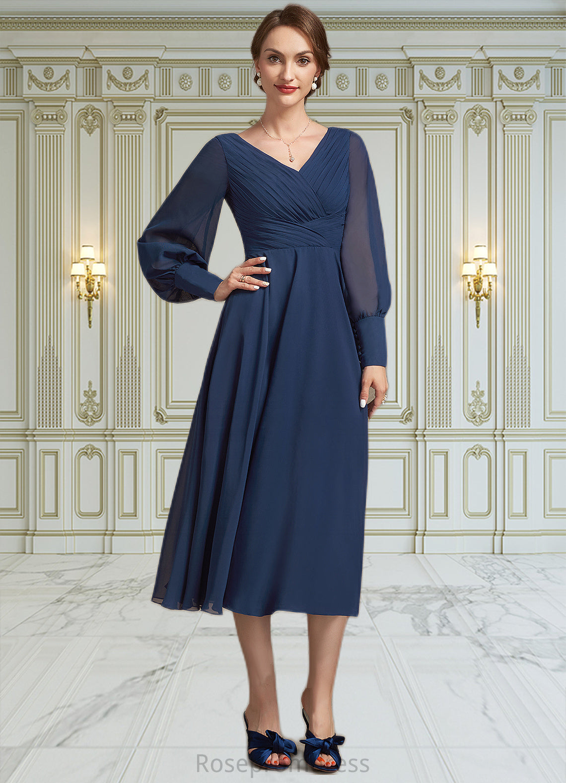 Frances A-Line V-neck Tea-Length Chiffon Mother of the Bride Dress With Ruffle SRS126P0014707