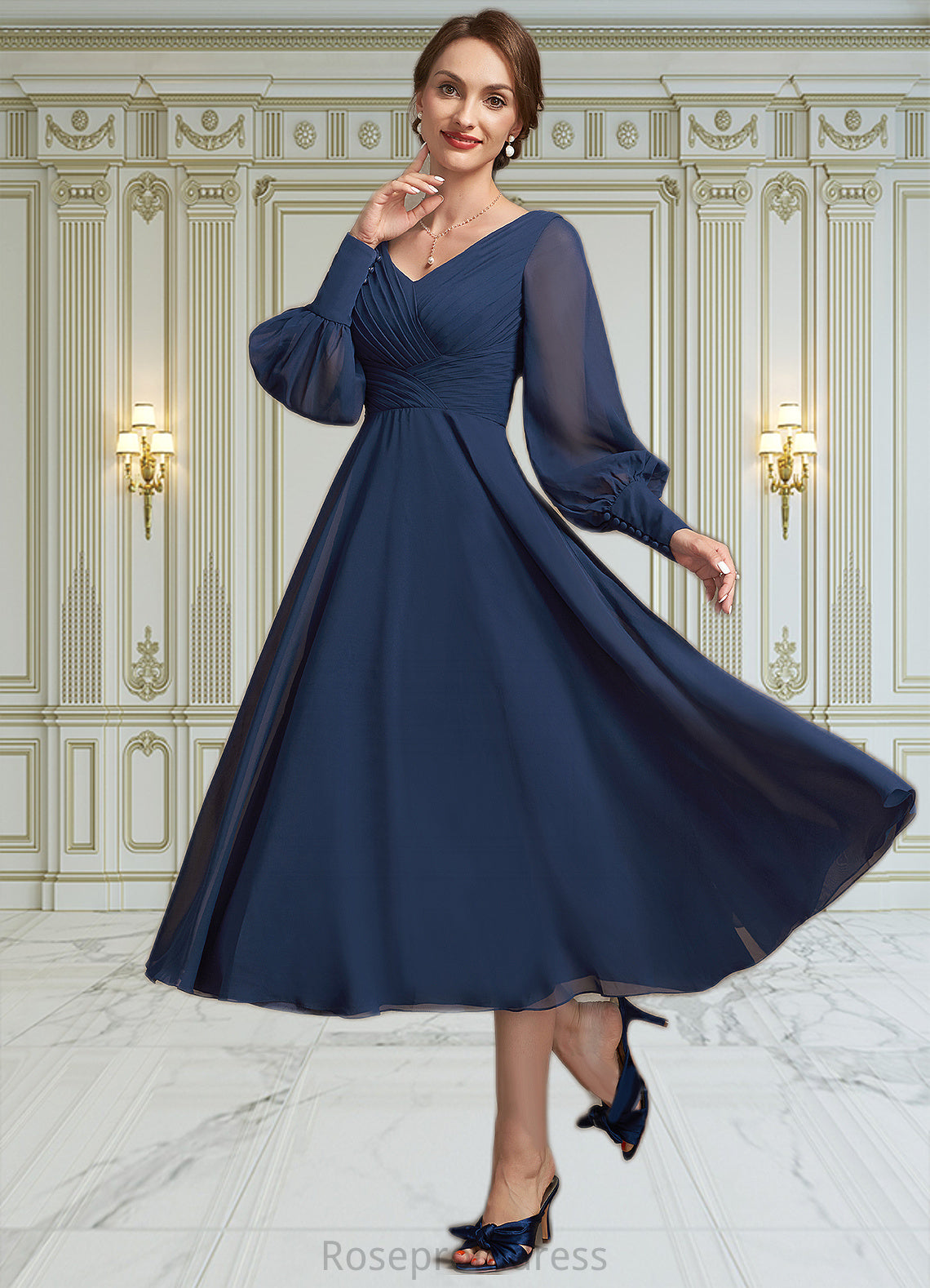 Frances A-Line V-neck Tea-Length Chiffon Mother of the Bride Dress With Ruffle SRS126P0014707