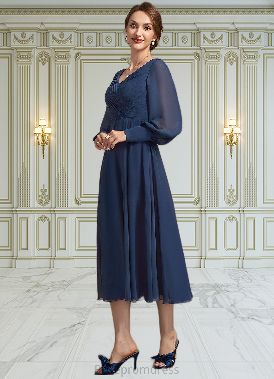 Frances A-Line V-neck Tea-Length Chiffon Mother of the Bride Dress With Ruffle SRS126P0014707