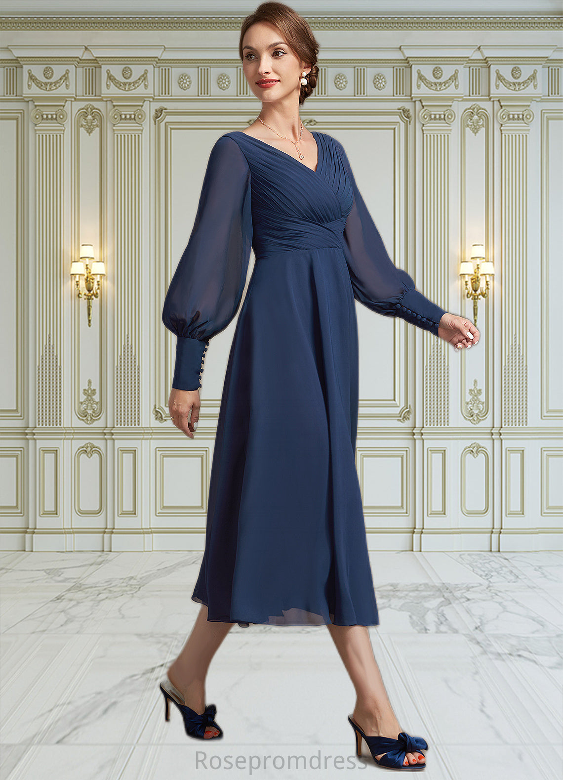 Frances A-Line V-neck Tea-Length Chiffon Mother of the Bride Dress With Ruffle SRS126P0014707