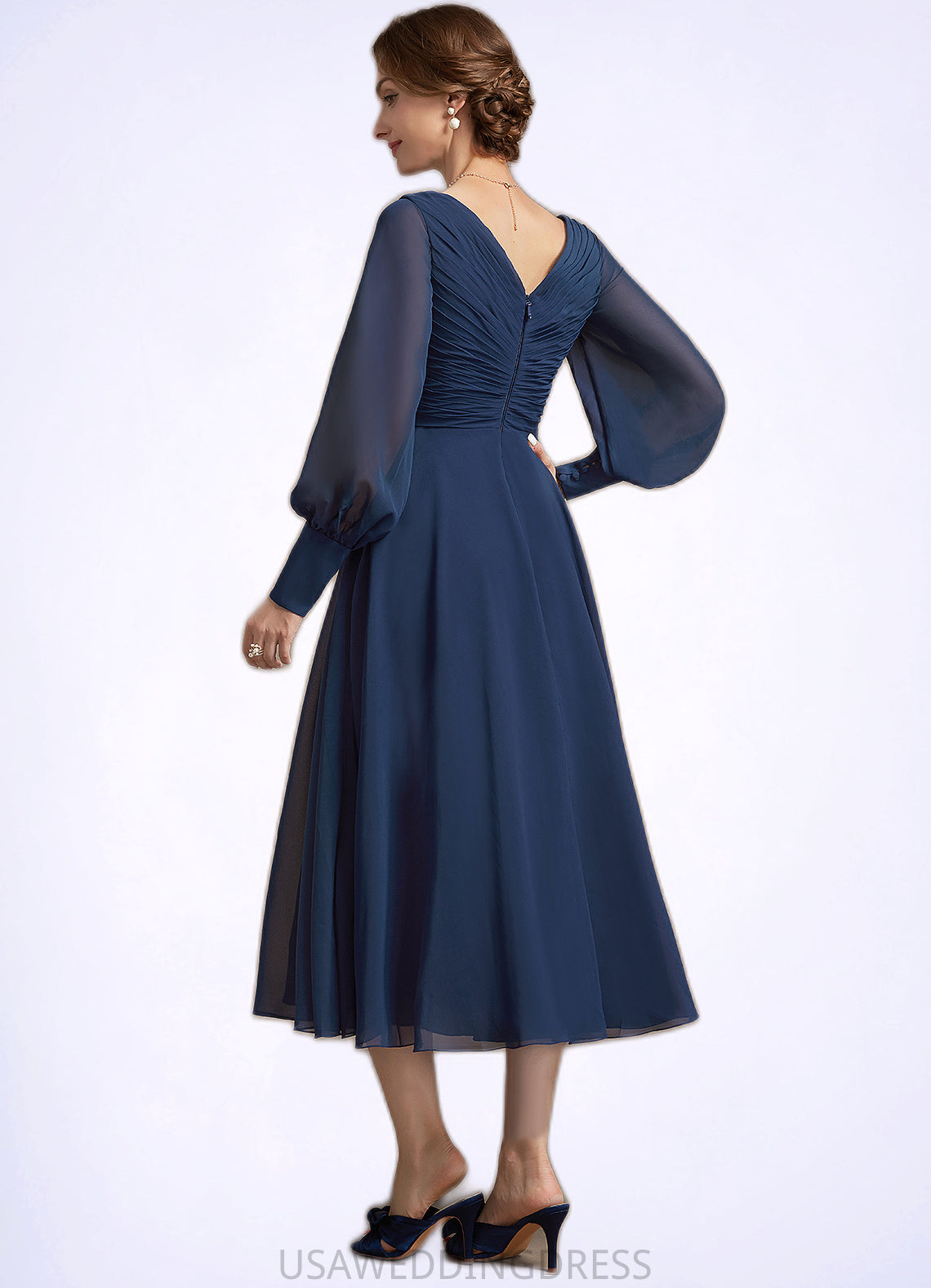 Skylar A-Line V-neck Tea-Length Chiffon Mother of the Bride Dress With Ruffle DS126P0014707