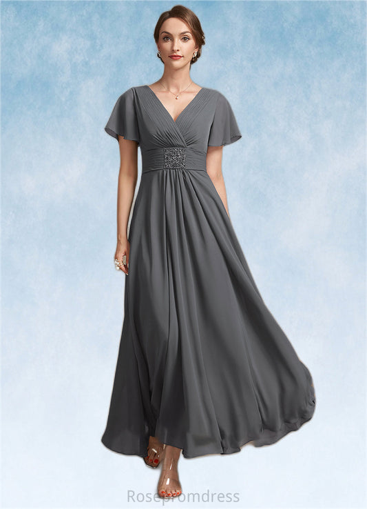 Reese A-Line V-neck Ankle-Length Chiffon Mother of the Bride Dress With Ruffle Beading SRS126P0014709