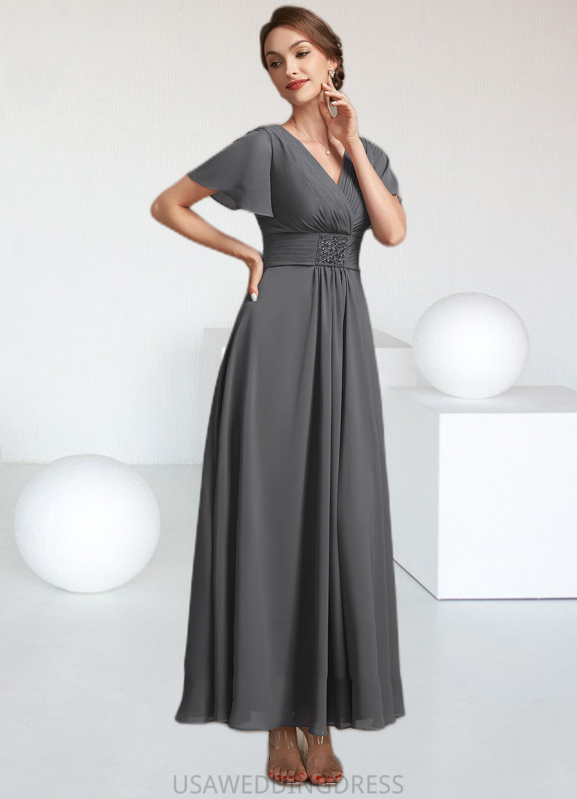 Kaylee A-Line V-neck Ankle-Length Chiffon Mother of the Bride Dress With Ruffle Beading DS126P0014709