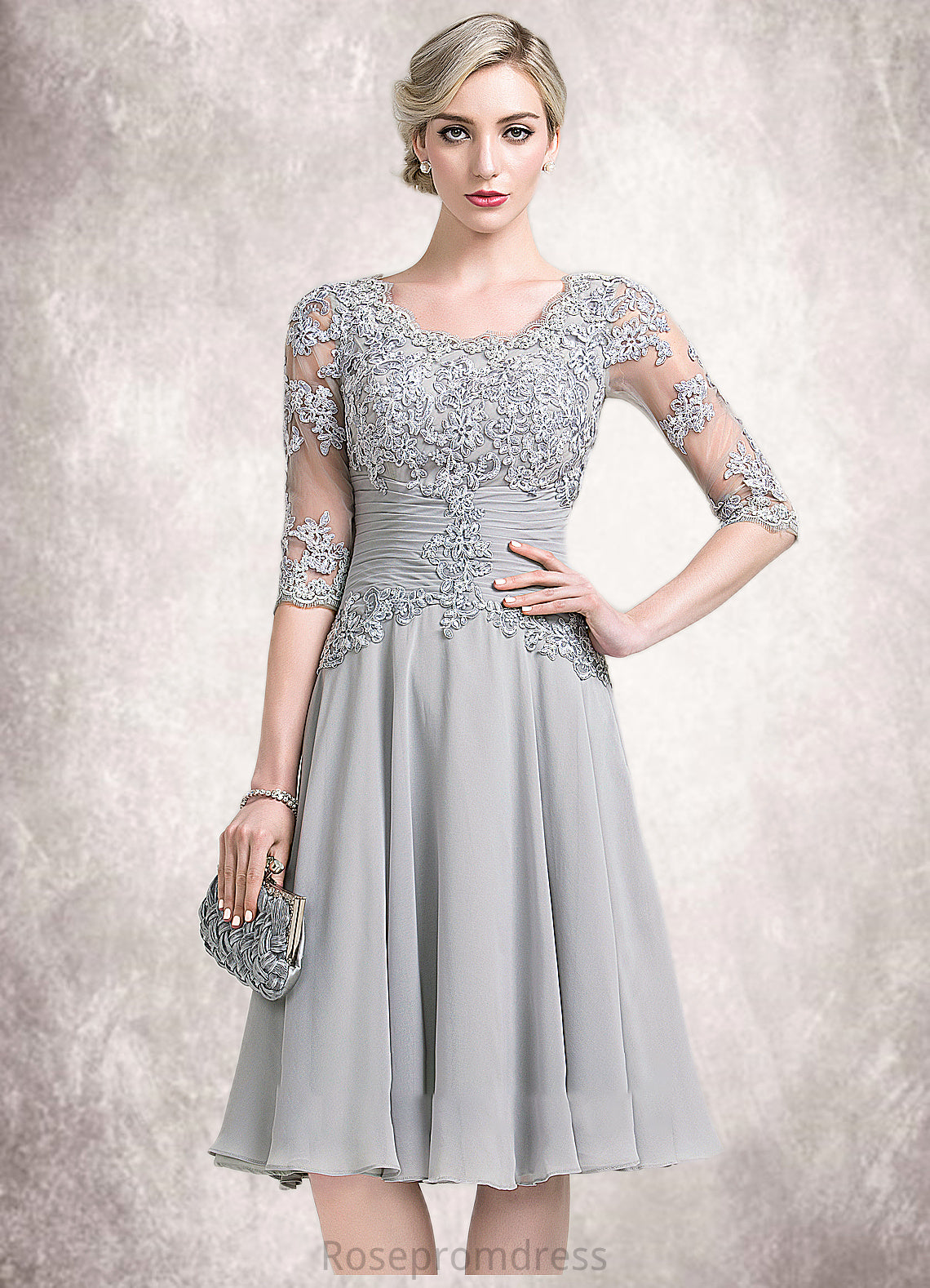 Alia A-Line Scoop Neck Knee-Length Chiffon Mother of the Bride Dress With Ruffle Appliques Lace SRS126P0014715