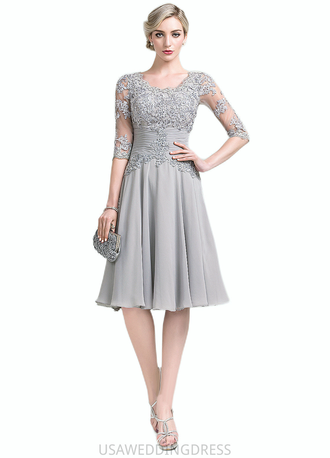 Hazel A-Line Scoop Neck Knee-Length Chiffon Mother of the Bride Dress With Ruffle Appliques Lace DS126P0014715